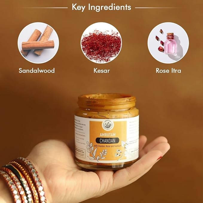 AMRUTAM 100% Herbal Pure Original Chandan, Sandalwood, Idol Pooja, Tilak, Hawan, Yoga & Meditation, Long Lasting Fragrance, Cooling, Chandan Paste/Tilak, Kesar, Kapoor & Jatamansi (110 GMS) 3