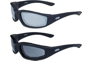 Global Vision Kickback Padded Motorcycle Sunglasses 2 Pair Black Frame Flash Mirror & Smoke Lenses