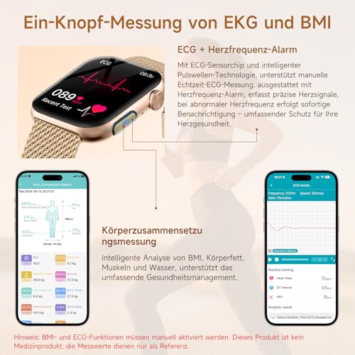 2026 Neu Smartwatch Damen mit EKG+HRV/Blutdruck/Menstruationszyklus/BMI 1,97"AMOLED Gesundheitsuhr mit Telefonfunktion 24H Herzfrequenz SpO2 Körpertemperatur, Emotion/Stimmung/Schlafmonitor Fitnessuhr