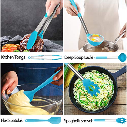 Silicone Cooking Utensil Set, AILUKI Kitchen Utensils 14 Pcs Cooking Utensils Set,Non-stick Heat Resistant Silicone,Cookware with Stainless Steel Handle - Blue - Thumbnail 5