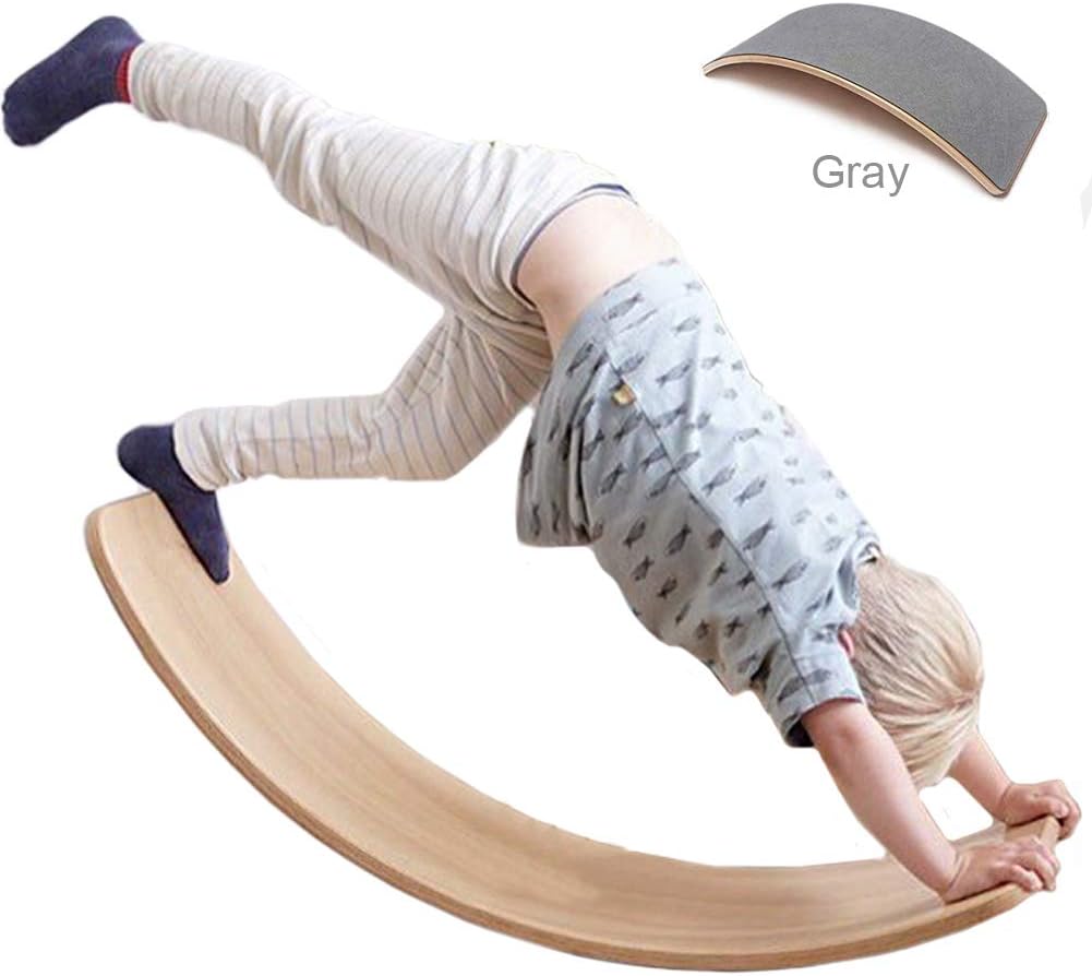 Wooden Wobble Balance Board with Felt Layer Waldorf Toys Balance Board Kid Yoga Board Curvy Board - Wooden Rocker Board 35 Inch Kid Size Dark Gray: Sports & Outdoors