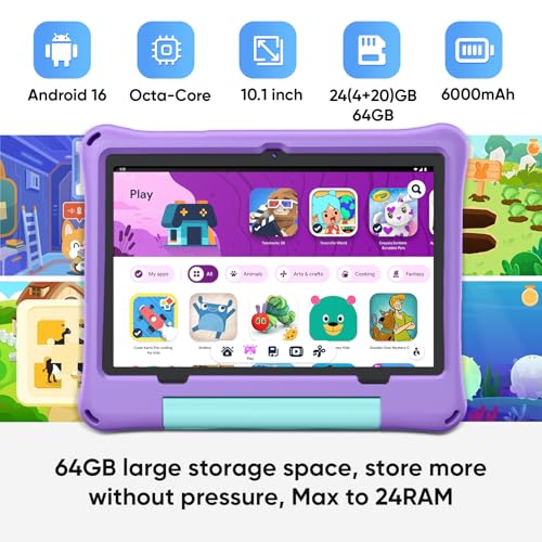 aiprotablet 10 inch Kids Tablet, Android 16 Tablet for Kid, Octa-Core CPU, 24GB RAM, 64GB ROM 1TF Card Expandable for Toddler Children,Tablets with Case, Parental Control, 6000mAh,WiFi, BT5.0 (Purple)