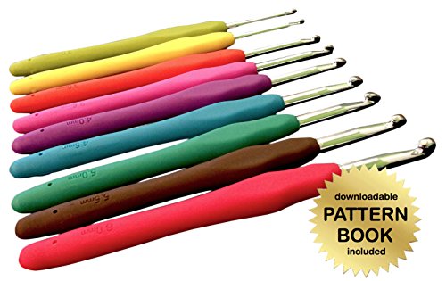 Gold Medal Crafts  Ergonomic 9pc Crochet Hook Set - Aluminum Hooks with Color Coded, Non-Slip Handles - Includes Downloadable Pattern Book