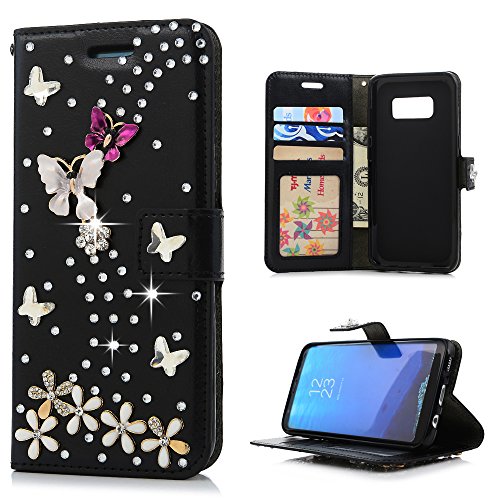 Galaxy S8 Case, Wallet Case [Folio Style][Stand Feature] Card Slots Case Premium Protective PU Leather Flip Cover 3D Handmade Bling Diamonds Floral Butterflies Hand Strap by Mavis's Diary - Black