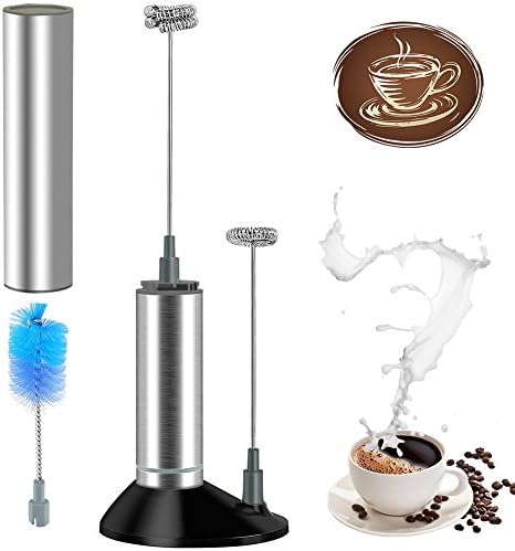 LQQBSTORAGE Milk Frother Stainless Steel Blender Handheld Electric Milk Frother for Milk Coffee etc Attached Single/Double Spring Whisk Head Cleaning Brush and Stand-Silver
