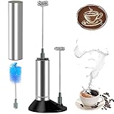 LQQBSTORAGE Milk Frother Stainless Steel Blender Handheld Electric Milk Frother for Milk Coffee etc Attached Single/Double Spring Whisk Head Cleaning Brush and Stand-Silver