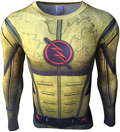 MCU Super Hero Print Long Sleeve Compression Fit Polyester Costume / Fitness Shirt (Large, Reverse Flash)