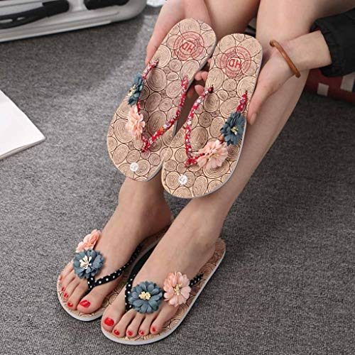 Summer Beach Slippers, Ladies Floral Flower Print Sandals Casual Slip On Wooden Shoes Flip Flops Platform Slippers Red Black (6.5 B(M) US, Black)