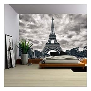Eiffel Tower with Dramatic Sky Monochrome Black and White - Removable Wall Mural | Self-Adhesive Large Wallpaper - 66x96 inches