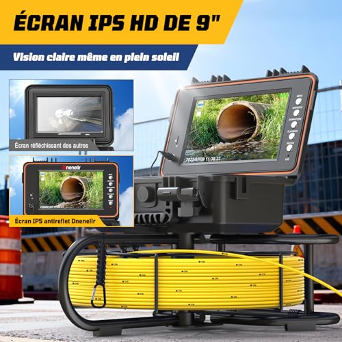Dnenellr Pipeline Inspection Camera, Self-Leveling 1080P Camera and 512Hz Transmitter, 7MM Reinforced Cable with Metric Markers, 9 Inch HD IPS Screen, 32GB DVR, 5100mAh Battery, IP68 (50M)