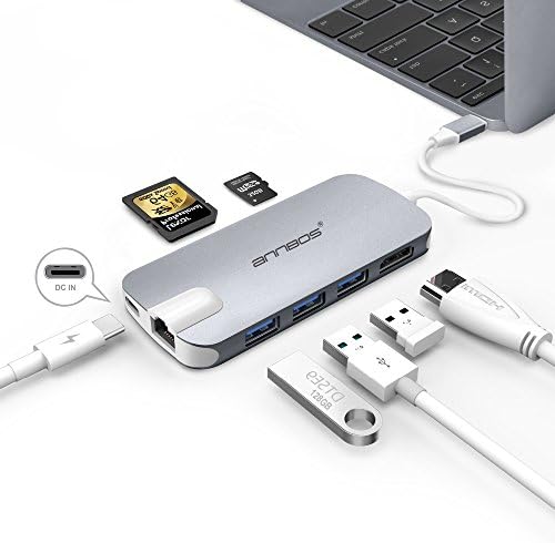USB-C Hub, AnnBos 8 in 1 Type C Hub with HDMI Port, USBC Charging Port, 2 USB 3.0 &amp; 1 USB 2.0 Ports, SD &amp; MicroSD Card Reader, Gigabit Ethernet for MacBook Pro 2016/2017 more Type-C Devices (Grey)