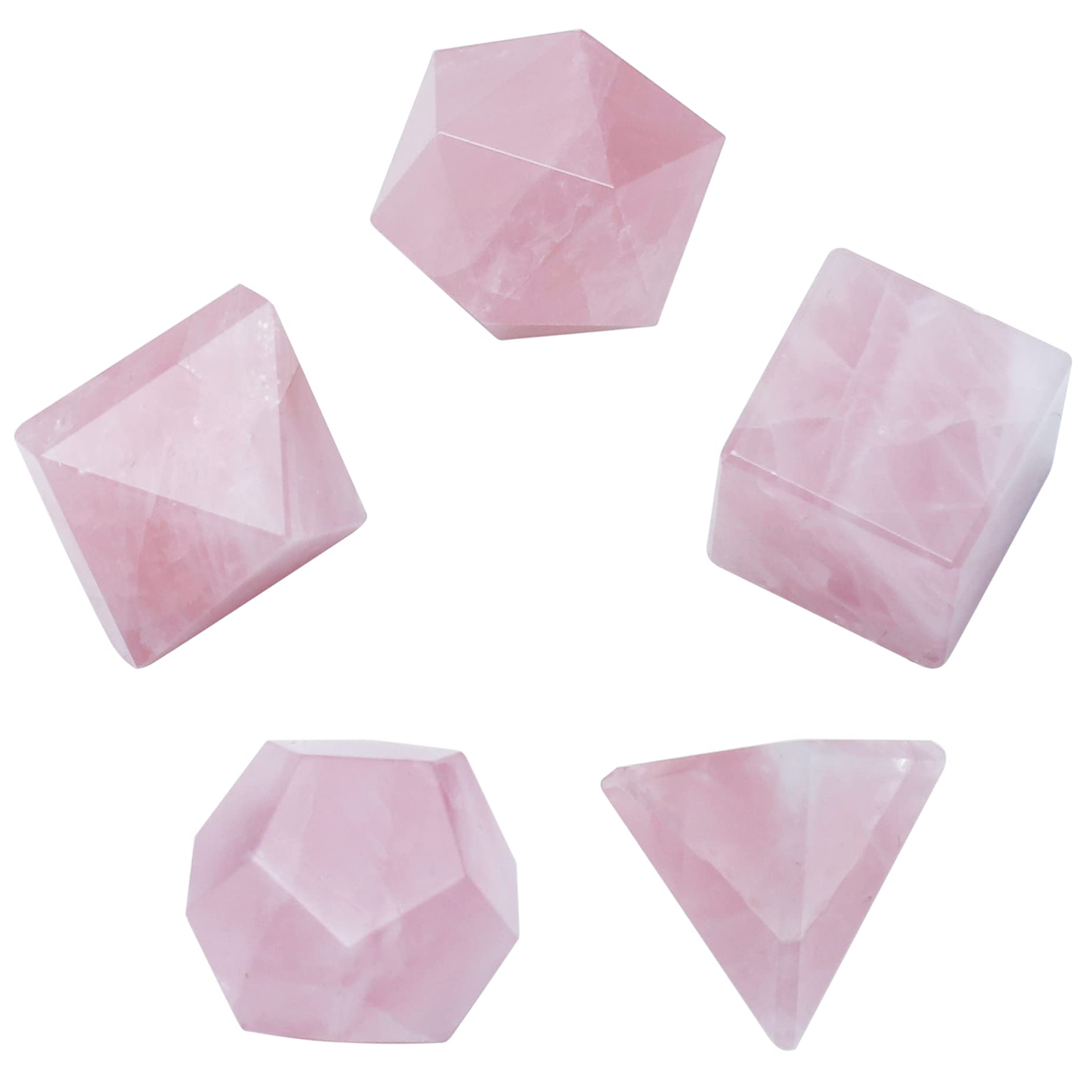 Crocon® Rose Quartz 5Pcs platonic solids crystal geometry set, Platonic Solids Sacred Geometric stones for Meditation Reiki Balancing Healing Chakra Stone Cleansing Spiritual Good Luck (15-20mm)