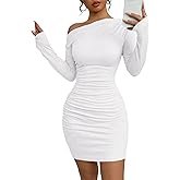 Acelitt Fall Off The Shoulder Dresses for Women 2025 Long Sleeve Ruched Bodycon Cocktail Party Mini Dress(Size Down)
