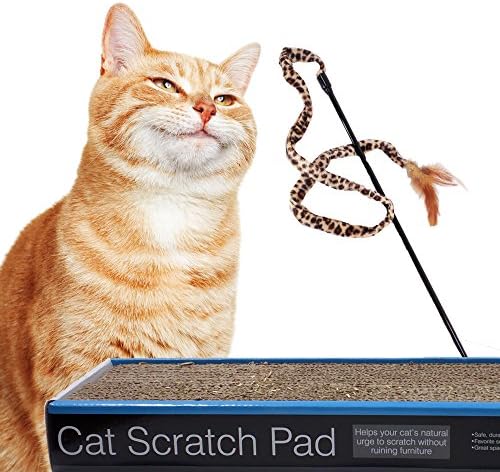 Corrugated Cardboard Cat Scratcher Pad with Bonus Wand Toy- HAPPY CAT GUARANTEE -Healthy Scratching without destroying your Home. Strong Cardboard Mat designed for hours of healthy fun.
