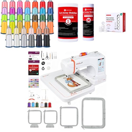 Poolin EOC06+80 Colors Embroidery Threads+12 in x 50Yards Tear Away Stabilizer+12 in x 25Yards Wash Away Stabilizer+144pcs Prewound Bobbins for Small Business Home Beginner