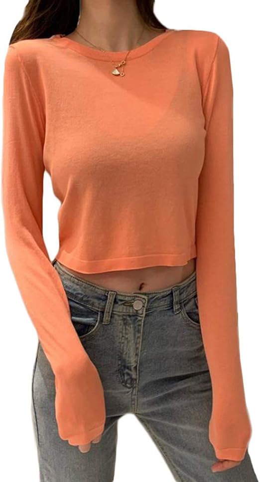 Amazon Bscool カットソー レディース 長袖 ロングtシャツ ショート 無地 トップス へそ出し ファッション Tシャツ クルーネック おしゃれ ロンt オレンジ Tシャツ カットソー 通販