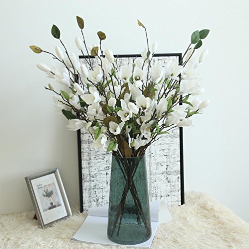 Gessppo Artificial Flowers, Fake Flowers Silk Plastic Artificial Roses 9 Heads Magnolia Bridal Wedding Bouquet for Home Garden Party Wedding Decoration，4 Colors Available (White)