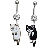White and Black Cat Pendant Dangle Belly Rings, Cute Stainless Steel 14 Gauge Navel Barbell Ring, Fun Piercing Body Jewelry for Women