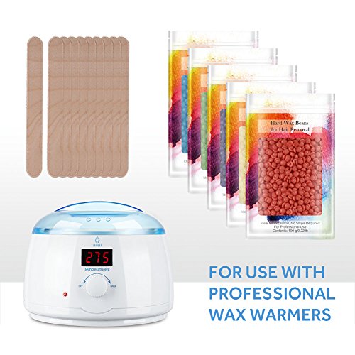 Lavany Hair Removal Hard Wax Beans, Hot Wax Depilatory Waxing Kit for Face/Body/Legs/Underarms/Bikini Lines, 5 x 100 g Packs & 10 Wax Applicator Sticks