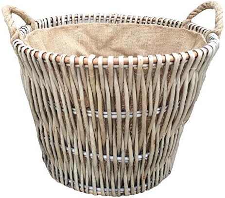 Red Hamper Round Grey Hessian Lined Log Basket, Wicker, Brown, H50 x W50 x D56cm - Image 3