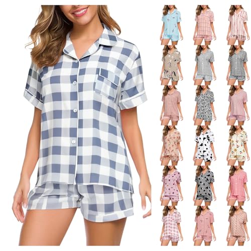 Uwdiohq Shorts Pyjamas Set For Women Button Down Summer Sleepwear 2 Piece Loungewear Ladies Casual Lightweight Christmas Nightwear Front Pocket Shirts And Shorts PJs Sets Blue L