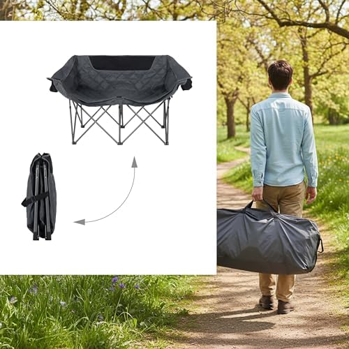 Banc de Camping, 2 Places, Pliable, accoudoirs, 2 Porte-gobelets, Sac Transport, 84x146x54 cm, Gris