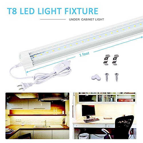 T8 1 Foot LED Light Fixture for Under Cabinet, 6W, 6000K, Cold White, Led V Shape Integrated Tube Lights, Read, Closets, Hallways, Stairways, Clear Lens, 1 Pack