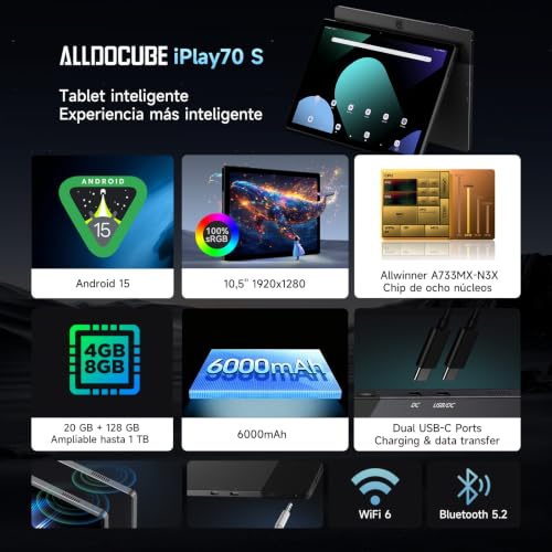 ALLDOCUBE Tablet 10 Inch, Android 15 Tablet, Octa-Core Processor, 4GB RAM 128GB Storage, 6000mAh Battery, WiFi 6, IPS Display 1920x1280, Expandable TF 1TB, GMS Certified, iPlay 70 S