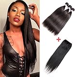 AMZTMY Brazilian Straight Virgin Hair 3 Bundles With Closure 100% Unprocessed Hair Extensions Remy Human Hair Weft Weave With 4×4 Lace Closure Natural Color 10-26 Inch