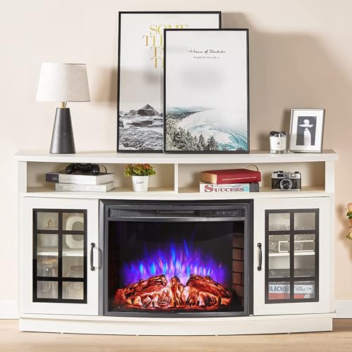 Jocisland Curved Fireplace TV Stand with 26'' Electric Fireplace, Media Entertainment Center Farmhouse Glass Door Storage Cabinet, Open Shelve Console Table for TVs up to 65'', Distressed White
