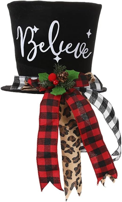 Tree Toppers - Christmas Tree Topper Hat, Black Velvet Bowler Derby Hat Topper with Long Plaid Ribbon Ornament for Home Holiday Decoration, Christmas Snowman Topper Hat for Christmas Tree Decoration