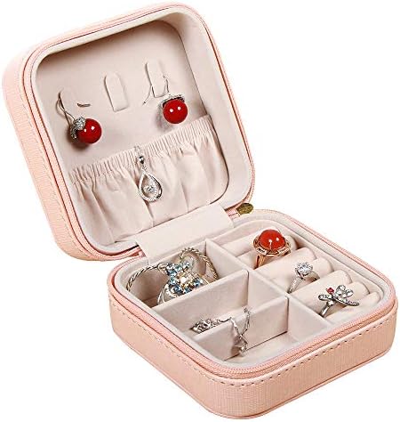 PUSU Small Travel Jewelry Box Organizer PU Leather Portable Jewelry Storage Case for Cosmetics Beauty Ring Necklace Earring Bracelets Makeup Accessories(Pink)