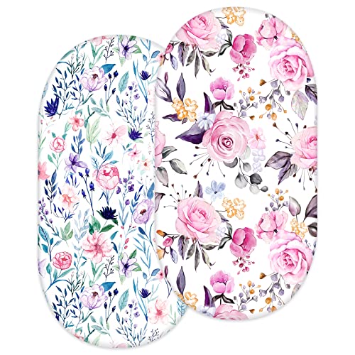 Bassinet Sheet 2 Pack Ultra Stretch Bassinet Fitted Sheet for Baby Girls Boys, Soft Universal Snug Fits Rectangle, Oval and Hourglass Bassinet Pad/Mattress, Stylish Floral