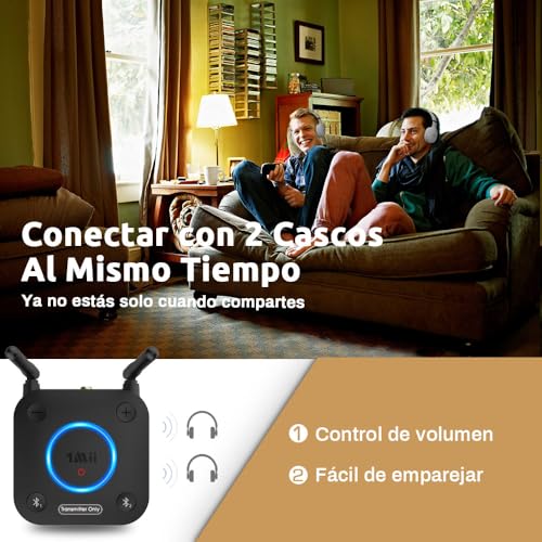 1Mii Transmisor Bluetooth 5.3 para TV a 2 Auriculares Bluetooth, Adaptador Audio Bluetooth TV con Control de Volumen, Entrada Óptica, Coaxial, Aux, RCA, aptx Baja Latencia, Largo Alcance