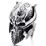 Men's Large Stainless Steel Ring Silver Tone Black Devil Skull Engraved Casted
