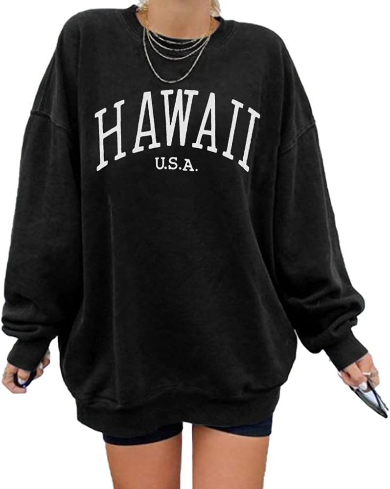 Photo 1 of Women's Oversized Sweatshirt HAWAII USA Crewneck Long Sleeve Casual Loose Pullover Tops 3# Black