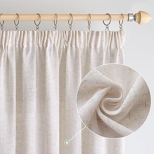 Woaboy Linen Curtains with Frunction Tape Curtains Bedroom Window Translucent Modern Curtains for Living Room Bedroom 2 Pieces 140 x 260 cm White Bleached