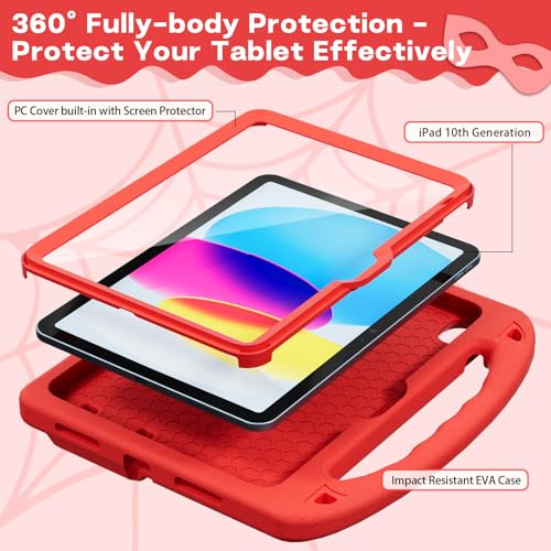 LKOOZO Kids Case for iPad (A16) 11th Generation 11 Inch 2025 / iPad 10th Generation 10.9 inch 2022, Shockproof Cover with Built-in Screen Protector (Red)