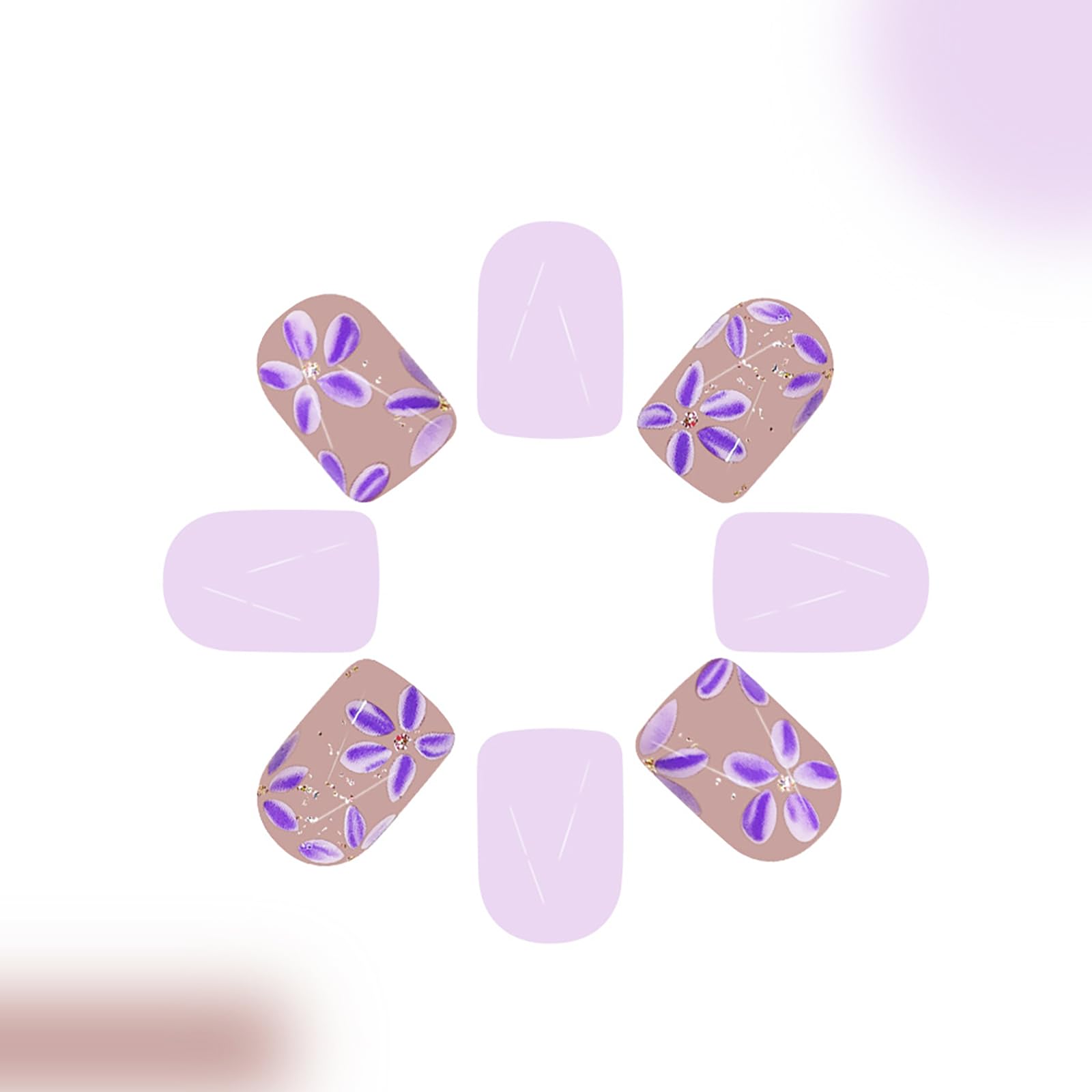 24Pcs Purple Press on Nails Cute Flower Design Fake Nails Spring Press on Nails Short Square Acrylic Nails Glitter Press on Nails Stick on Nails for Women and Girls Spring Summer Nail Art Decor - Image 2