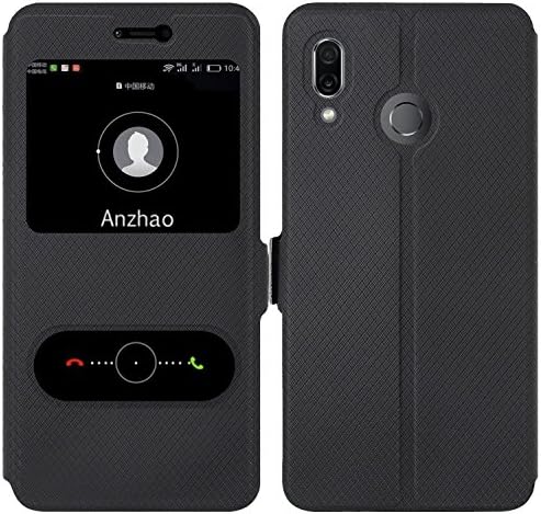 Huawei Honor Play Case, Anzhao [View Window] Flip Case Cover with Kickstand [Magnetic Closure] for Huawei Honor Play (Black)