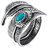 INBLUE Men's Stainless Steel Ring Simulated Turquoise Silver Tone Black Feather Size11