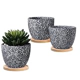 Small Dark Gray Speckled Glaze Succulent Planter Flower Pot w/Bamboo Saucers, Set of 3