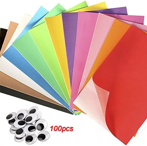 Montout 10pcs/2mm Thick Randomly Color DIY Foam Sheets Paper Self Adhesive Sticky 8"x12" Back Paper (10 Colors + 100PCS Sticky Eyes ) (Solid Foam Paper)