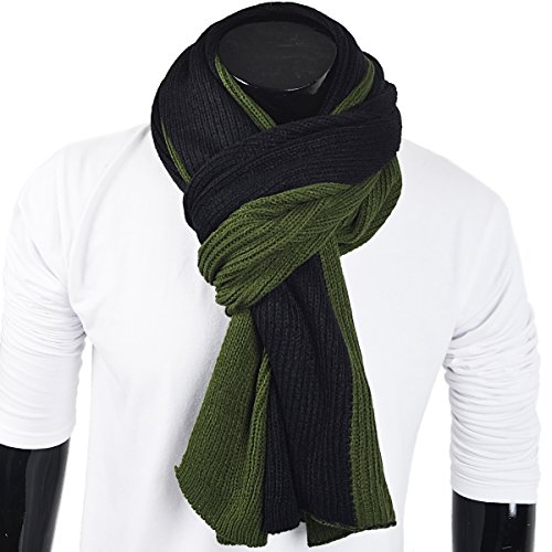 Mens Thick Knitted Long Winter Scarf Soft Warm Shawl Two-tone (Green&Black)