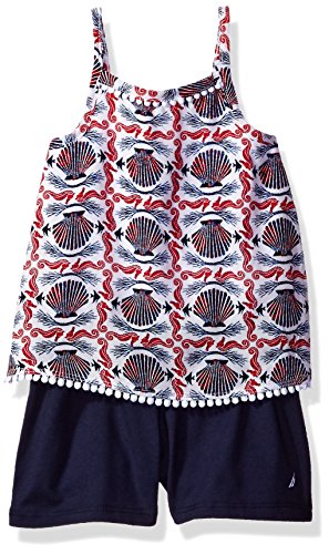 Nautica Girls' One Piece Printed Romper with Challis Top and Jersey Knit Short, Navy, 24 Months