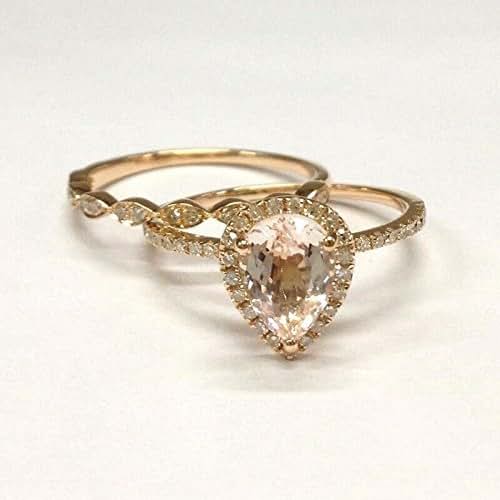 Amazon.com: Pear Morganite Engagement Ring Bridal Set Pave Diamond Wedding 14K Rose Gold 6x8mm 