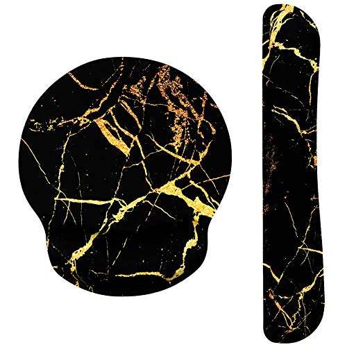 Gold Streak Black Marble Ergonomic Design Mouse Pad with Wrist Rest Hand Support and Keyboard Support. Round Large Mousing Area. Mouse Pad and Keyboard Pad for Laptop, PC Computer & Mac.