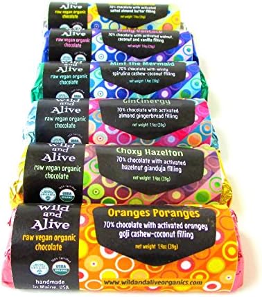 Wild and Alive, Raw Vegan Organic, Filled Chocolate Bar, 1.4oz, Sample Pack of 6 Flavors