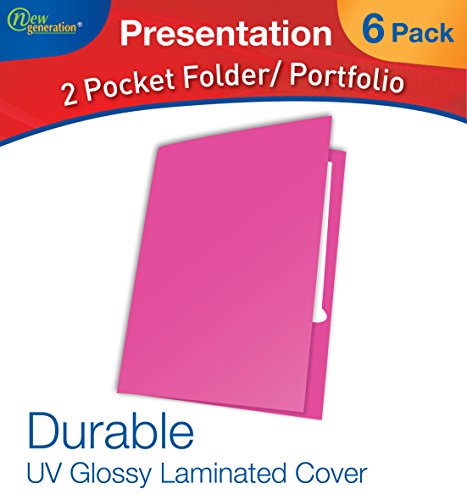 New Generation - PINK - 2 Pocket Presentation Folder / Portfolio 9.25 x 12 Inches Heavy Duty paper UV Glossy Laminated - 6 Folders per Pack in a Display Box