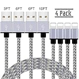 iPhone Charger, MFi Certified Lightning Cable, 4 Pack(3/6/6/10 FT) Extra Long Nylon Braided Charging&Syncing Cord Compatible with iPhone Xs/XS Max/XR/X/7/7Plus/8/8Plus/6S/6SPlus/5/Ipad (White+Gray)